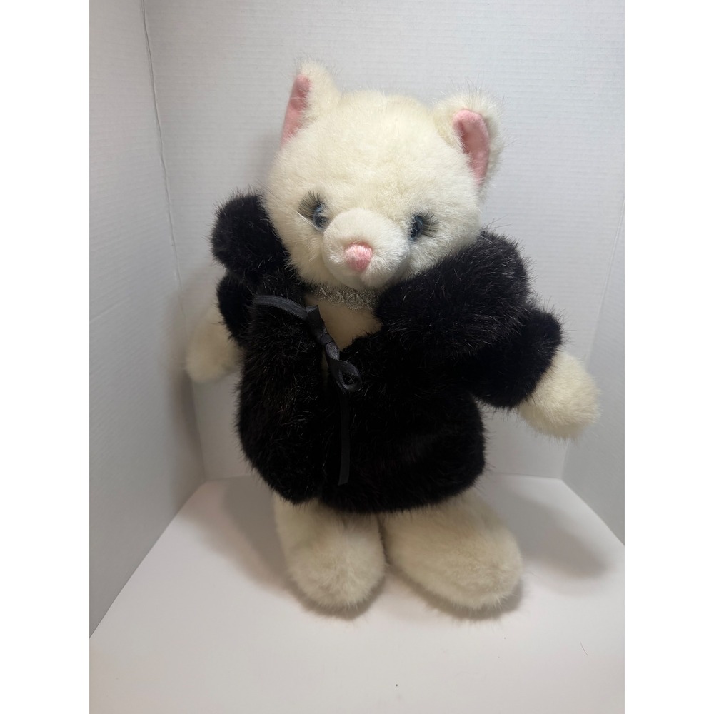 Vintage Russ Berrie Jennifer White Cat Plush Black Faux Fur Coat Eyelashes Korea